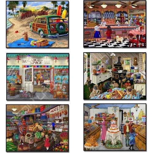 Full Diamond Painting Resin Square/Round Drill 5D Diamond Embroidery Landscape Market Shop Diamond Mosaic Pattern Hobby & Crafts