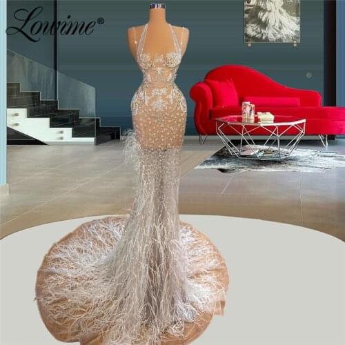 Luxury See Through Beading Long Evening Dresses Feathers Mermaid Crystals Party Dress 2021 Couture Celebrity Dress Prom Gowns