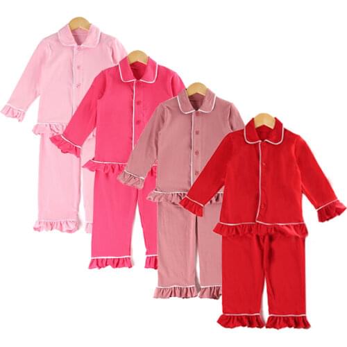 Christmas Long Sleeve Button Up Ruffle Girls Baby Sleepwear Red Boys Pyjamas Kids Blank pjs