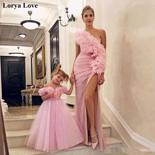 Sweetly One Shoulder Pink Prom Dresses For Mother And Daughter Tulle Split Formal Party Evening Gown 2020 Elegant Vestido Fiesta