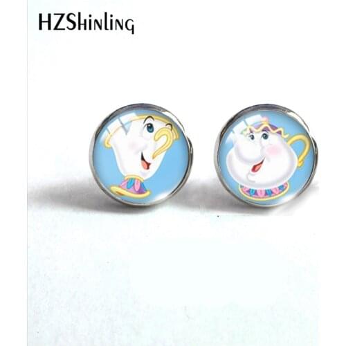 2021 New Fashion Kawaii Fairy Beauty and Beast Characters Glass Dome Round Stud Earrings Handcraft Stainless Steel Earrings