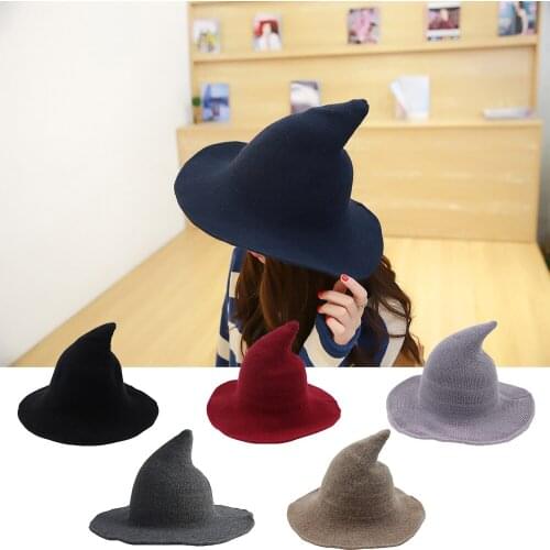 Halloween Witch Hat Mens and Womens Wool Knit Hat Fashion Solid Hat Foldable Costume Sharp Pointed Wool Felt Bucket Funny Hat