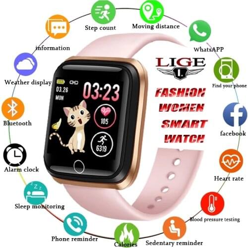 LIGE Smart Watch Women Sports Smart Bracelet IP67 Waterproof Watch Pedometer Heart Rate Monitor LED Color Screen For Android Ios