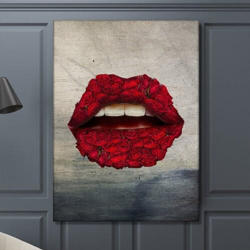 Modern Fashion Sexy Red Lips Canvas Painting Wall Art Pink Rose and Money Wall Pictures for Living Room Decoration