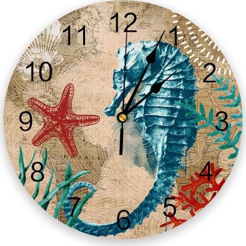 Nautical Theme Marine Life Series Seahorse Modern Wall Clock For Home Office Decoration Living Room Bathroom Decor Hanging Watch