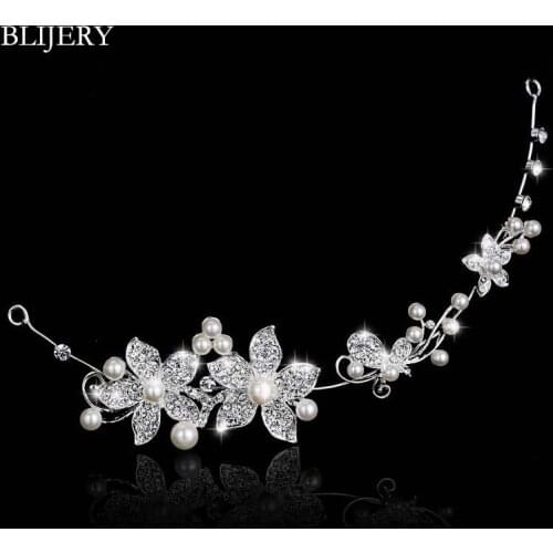 BLIJERY Classic Bridal Hair Accessories Silver Color Simulated Pearl Crystal Flower Headband for Women Wedding Hair Jewelry