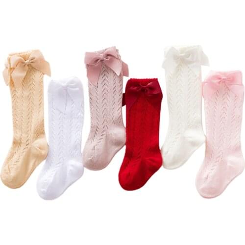 1Pair Infant Baby Girls Solid Cotton Mesh Leg Warmer Socks Bow Knot Cute Soft Knee High Baby Toddler Children Girl Socks 0-3Y
