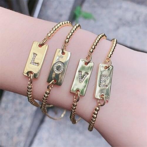 10pcs/lot Micro Pave Cubic Zirconia 26 Letter Bead Chain Bracelet Adjustable