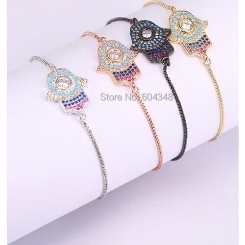 10PCS ZYZ176-1395 Fashion Fatima Hamsa Hand Charm Connector Bracelet For Women Micro Pave CZ Zirconia Bracelet Turkish Jewelry