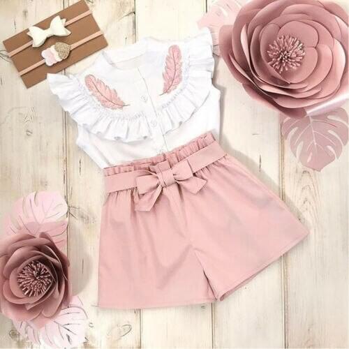 2021 Toddler Kids Baby Girl Clothes Set Summer Sleeveless Feather Shirt Ruffle Buttons Top Pink Shorts Outfit Clothing 2Pcs