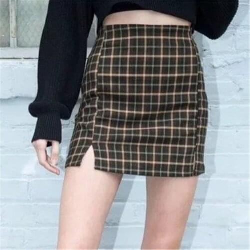 American wind restoring ancient ways bust skirt of tall waist grid side split package buttocks short skirt no leggings