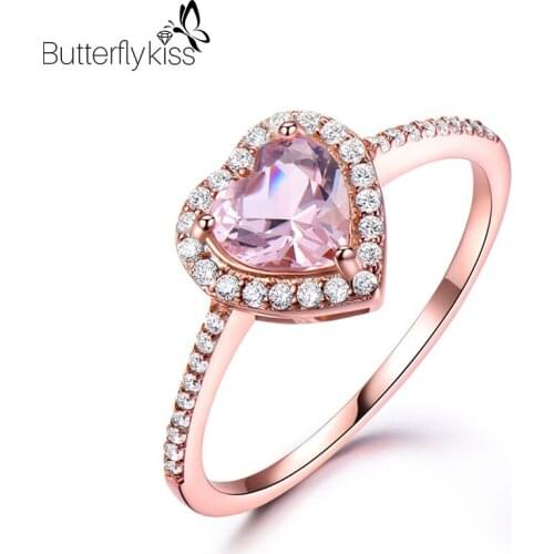 BK Women Heart Pink Nano Morganite Rings Real 925 Sterling Silver Zircon Wedding Engagement Fine Jewelry Valentines Day Gifts