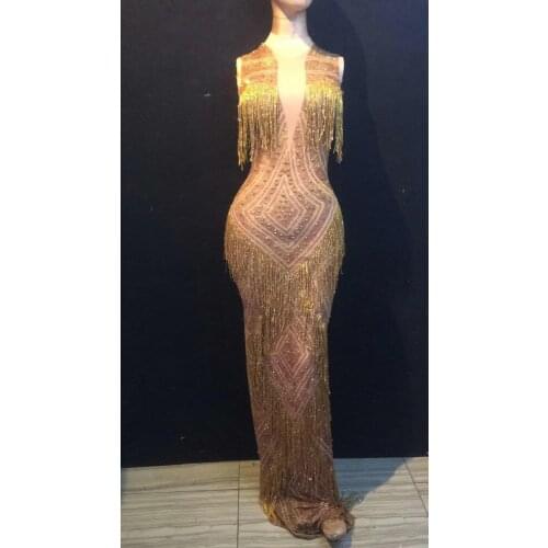 Gold Rhinestones Fringes Dress Stage Wear Elastic Sexy Sleeveless Tassel Dresses Singer Evening Performance Tassel Long Dress