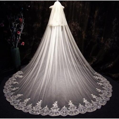 Bridal Veils 3 Meters Long Full Lace Edge Sequins Wedding Veil Two Layers Champagne Tulle With Comb Veu De Noiva Longo Vail