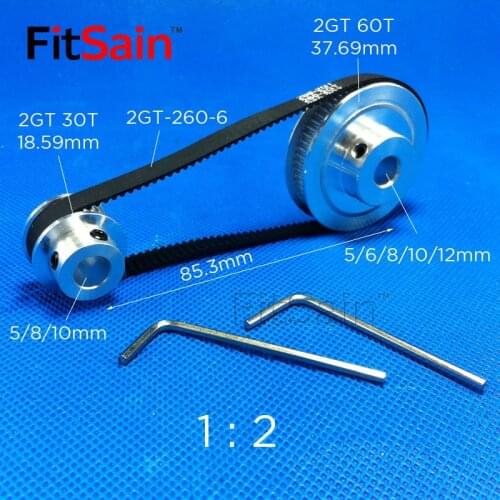 FitSain-2GT 30T:60T 1: 2 aluminum alloy pulley center reduction ratio drive synchronous wheel hole 5/8/10/12mm