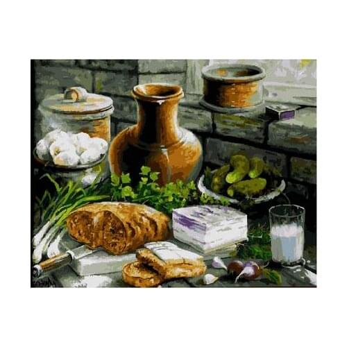 Bread milk onion buns breakfast still life canvas painting paint by number hand painted wall decorative pictures for living room
