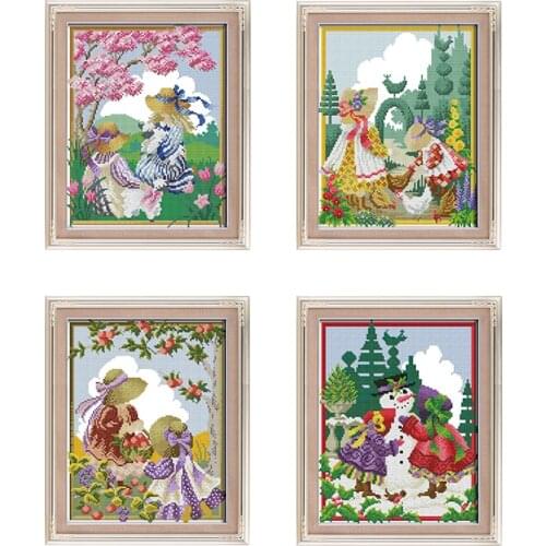 Joy Sunday Four Seasons Girls Portrait Series Paintings 11CT 14CT DIY Embroidery Sets Needlework Sets Counted Cross Stitch Kits