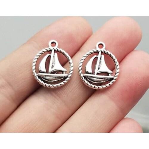 25pcs/lot--16x18mm,boat cham,Antique silver plated Round Sailing Boat charms,DIY supplies,Jewelry accessories