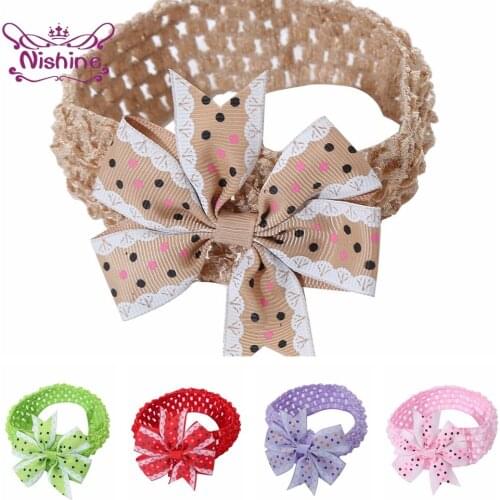 Fashion Dots Grosgrain Ribbon Bowknot Baby Hairband Handmade Dovetail Bows Knitting Elastic Headband Print Headwear Photo Props