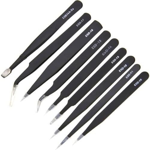 9Pcs/Set High Precision Tweezers Anti Static Stainless Steel Tweezers Set for Electronic Repairing Tool Kit + Portable Bag