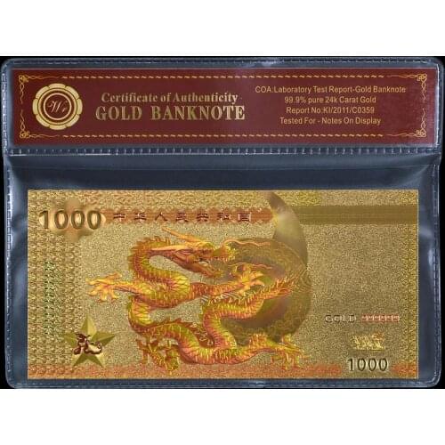 New Products Gold Plated Banknote 1000 Zhong Hua Ren Min Gong He Guo Foil Fake Money With COA Frame