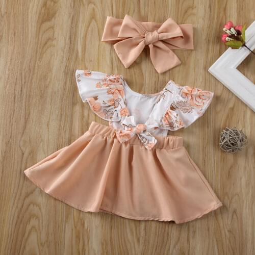 0-18M Newborn Baby Girl Clothes Girls Flower Print Sleeveless Patchwork Dress Headband Toddler 2Pcs Outfits Kids Sunsuit Clothes