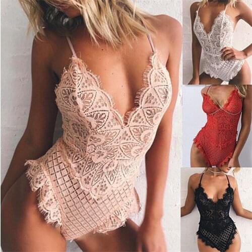 European and American sex appeal one-piece womens pajamas, suspender-style V-neck open back lace cutout overalls