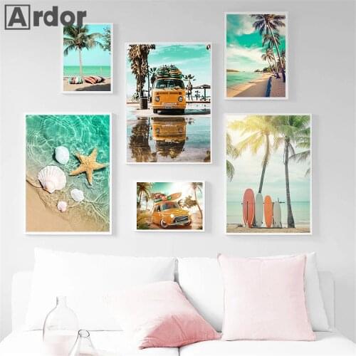 Sea Beach Starfish Shell Poster Coconut Tree Surfboard Wall Art Canvas Painting Travel Print Nordic Wall Pictures Bedroom Decor