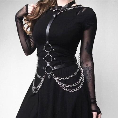 Adjustable Bondage Holographic Metal Chain Harness Belt Sexy Women Leather Belt Gothic Harajuku Leather Chain Halter Belt