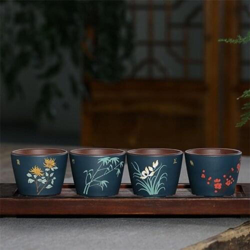 Purple Clay Carved Tea Cup Creative Hand-painted Plum Orchid Bamboo and Chrysanthemum Master Cup Tea Set Drinkware