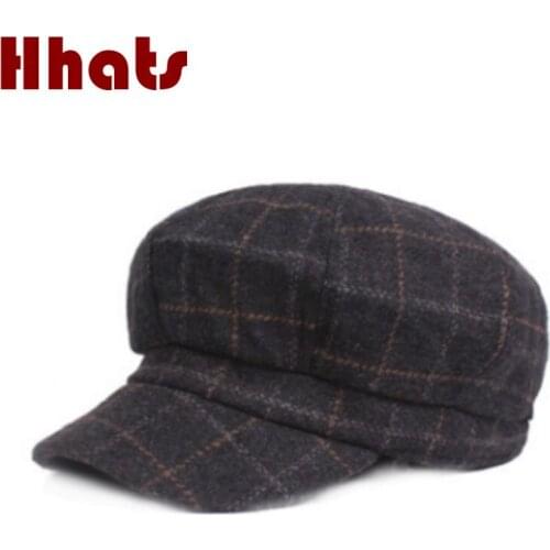 Fashion Plaid Wool Newsboy Hat For Women Casual Grid Octagon Cap Vintage Style Painter Hat Outdoor Warm Woolen Autumn Winter Cap