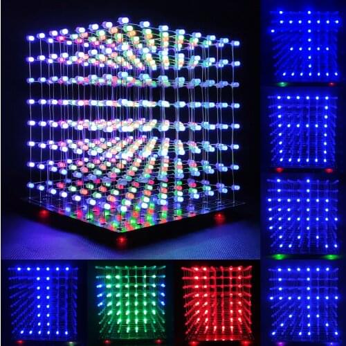 3D 8 Light Cube DIY Kit Color 8X8X8LED Single-Chip Electronic DIY Production 3D Host Computer