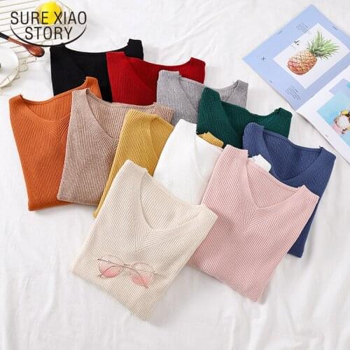 Solid Ladies Clothing 2021 Casual V Neck Long Sleeve Women Sweater New Winter Thin Pullover Jumper Knitted Sweater Women 12319