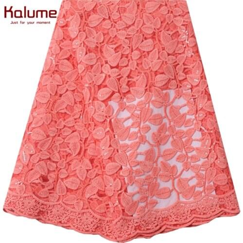 Kalume Peach African Lace Fabric Sequins French Mesh Milk Silk Lace Fabric Embroidery Nigerian Tulle Lace Fabric Dress Sew F1997