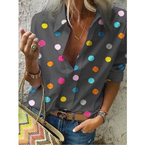 2021 Summer Womens Casual Polka Dot Printed V-neck Long Sleeve Slim Shirt Women Office Button Shirt