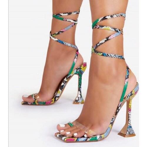 Transparent fish mouth sexy slippers women 2021 European and American sexy color snake print ankle strap high heel sandals women