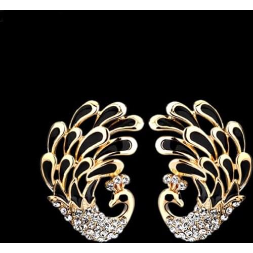 Peacock Shape Titanium Steel Stud Earrings For Women White/Black Feathers Tiny CZ Pave Rose Gold Color Boucle D'oreille LS494028