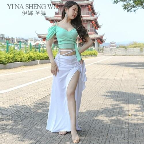 New Women Belly Dance Profession Practice Clothing Eastern Elegance Net Yarn Split Long Skirt Sexy Deep V Collar Top Dance Suit