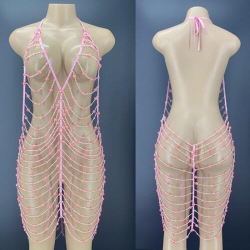 Pink Beaded Chains Hollow Short Dress Nightclub Bar Dancer Singer Wear Birthday Party Backless Dress Women Evening Outfit XS2742