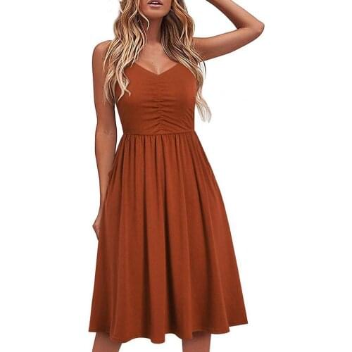 Women Dress Low Neck Pleated Middle Length Ladies Sleeveless Shirring Dress for Dating