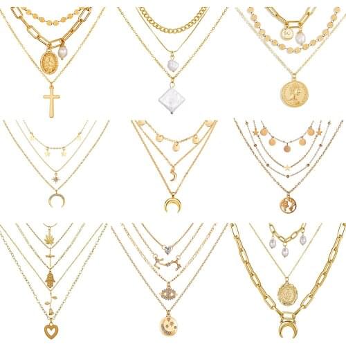 Boho Fashion Multi-style Multilevel Geometric Crystal Head Cross Rose Eye Pendant Necklaces For Women Vintage Necklace Jewelry