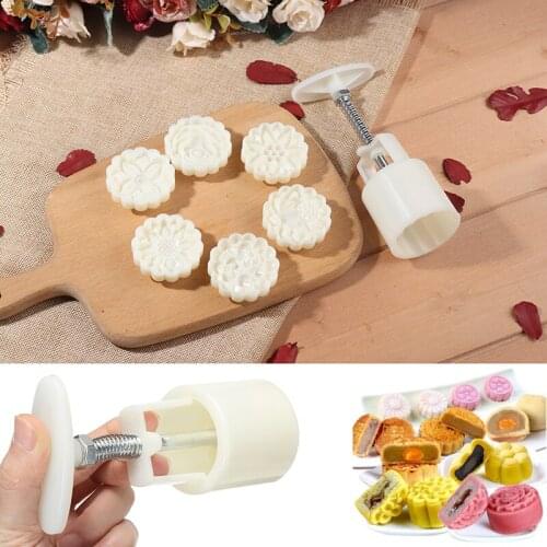 50g Plastic Moon Cake Maker Kit 3D Hand Press Plug + 3D Small Flower Pattern Stamp Cutter DIY Mid Autumn Mooncake