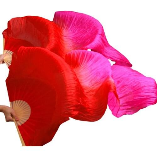 Hot Selling 100% Real Silk Veils Dance Fans 1 Pair Handmade High Quality Silk Belly Dancing Fans Red + Pink