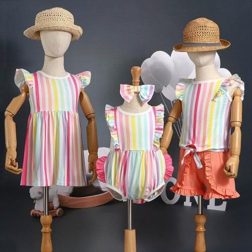 Family Baby Girls Dress Sister Infant Baby Romper With Headband Clothing Set Rainbow Colorful Print Summer Children Costume