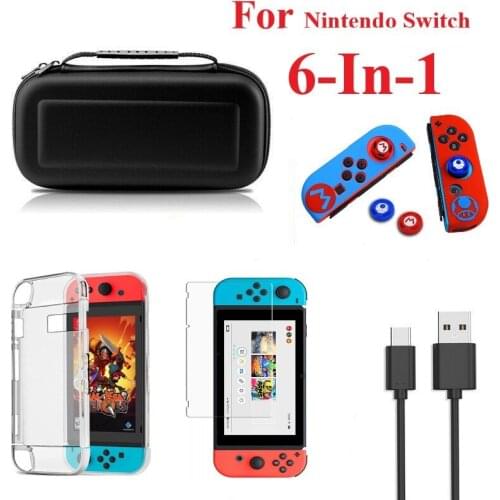 Nintend Switch 6 in 1 Accessories Kit Storage Carry Bag Fast Charging Cable Tempered film Joy-con Console Cover Case And Caps