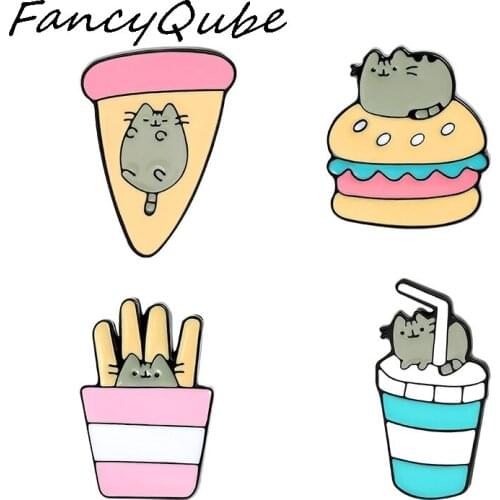 Noodles Cat Enamel Pin Pizza Hamburg French Fries Brooches Lapel Pins Cute Anime Badge Jewelry Gift for Kids Friends Wholesale