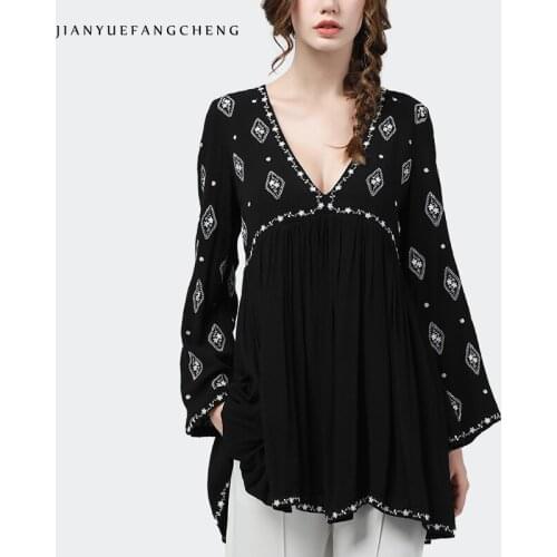Fashion Spliced Women' Blouse Black Embroidered V-Neck Full Sleeve Viscose Tops Plus Size Pleated Autumn New Casual Long Blouses