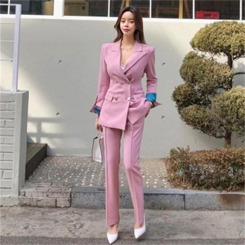 Fashion pants suit femme spring New New Korean OL Casual Pink Professional Slim Double Breasted business Suit suit women