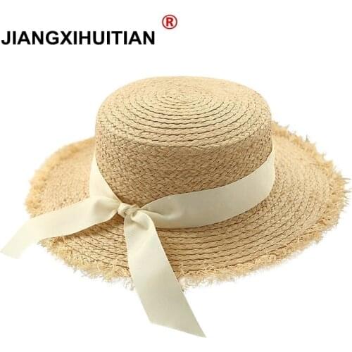 New simple Women Summer Beach Raffia Black White Ribbon Hat Bow Raffia Hat Temperament Flat Straw Hats Womens Sea Beach Hat