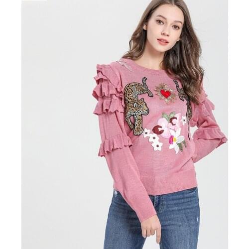 Autumn Winter Animal Embroidery Knitted Sweaters Pullovers Women Runway Design Ruffle Elegant Top Clothes Lady Jumper